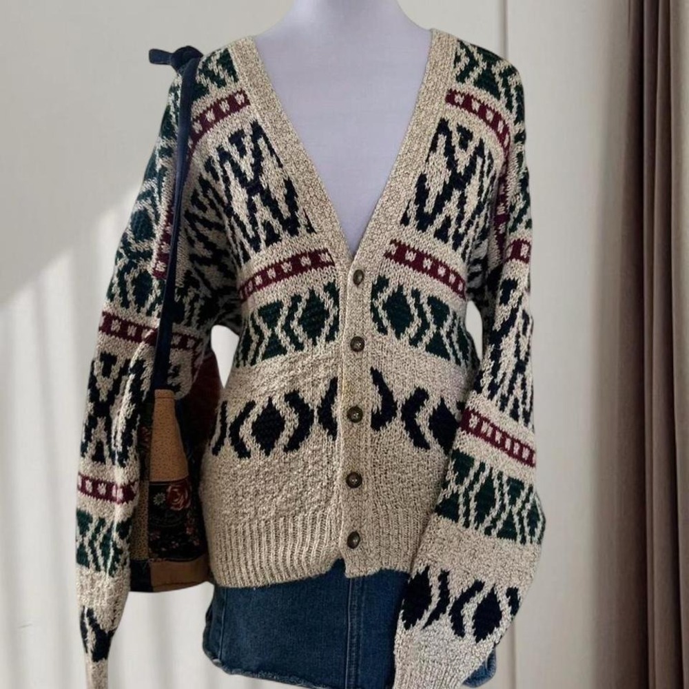 Lake Harmony USA Vintage Cotton Cardigan‎ Sweater Geometric Southwestern L